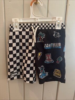 Black Checkerboard & Graphic Patch Kids Swim Trunks